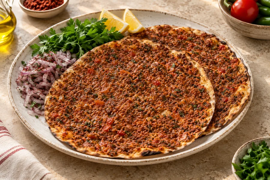 Yeşillikler ve limonla servis edilen lahmacun