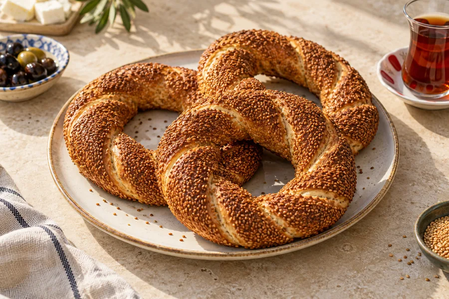 Susamlı simitlerle hazırlanan kahvaltı sofrası